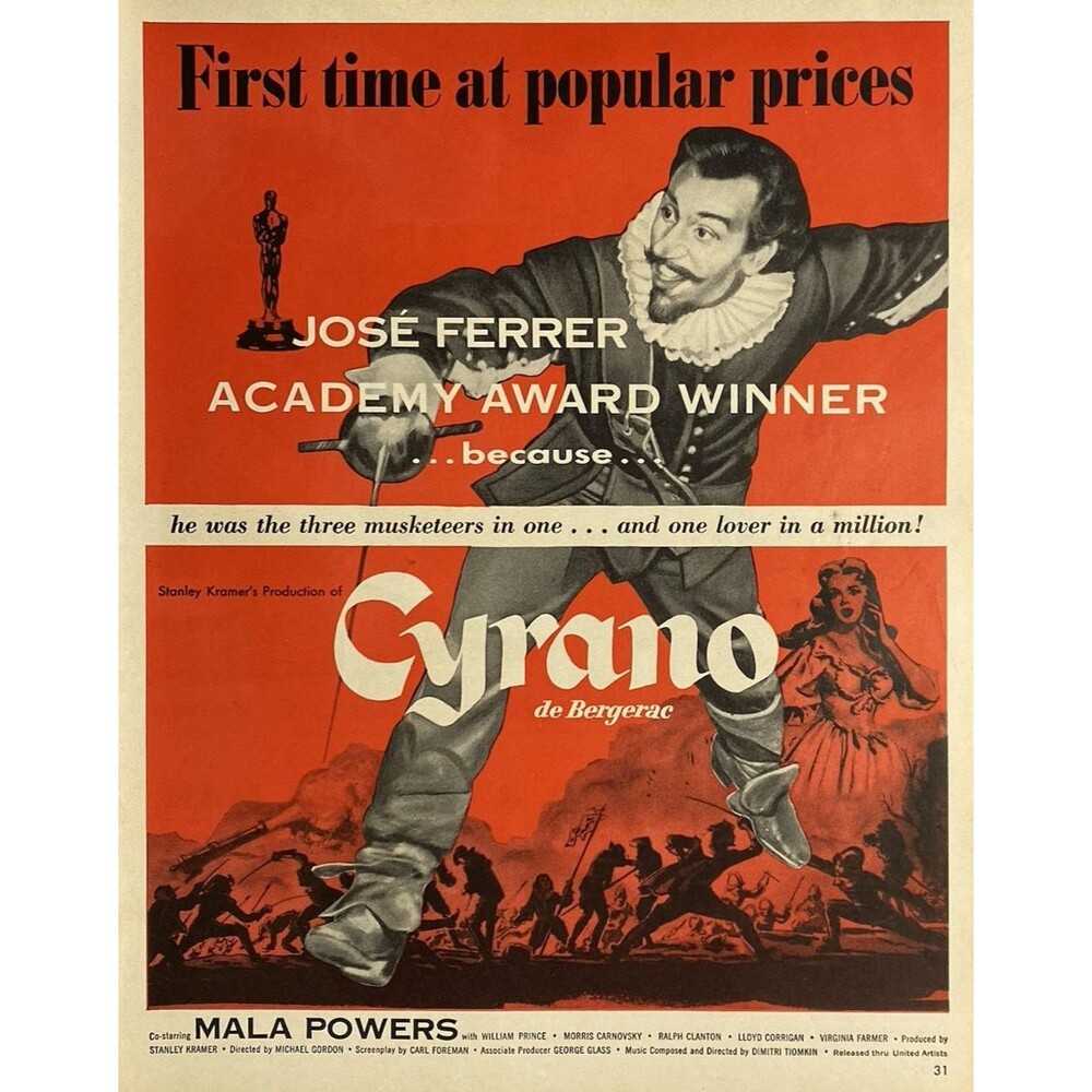 United Artists "Cyrano de Bergerac" Jose Ferrer Academy Award Winner Vtg Ad 1951